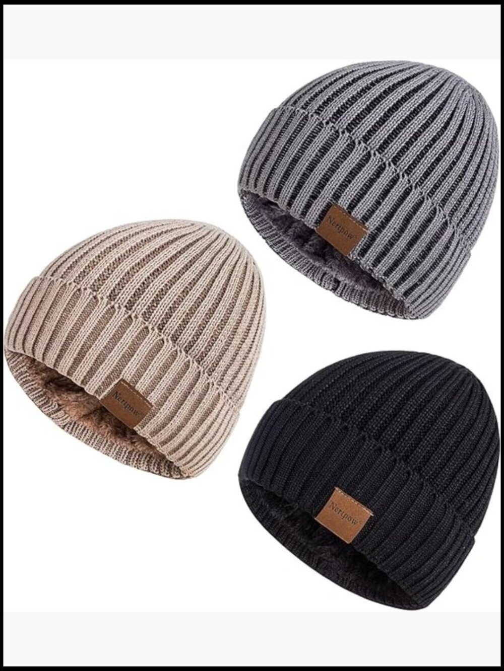 Winter Beanie Hats 3 Pack, Thick Knit Skull Caps with Fleece Lining for Cold